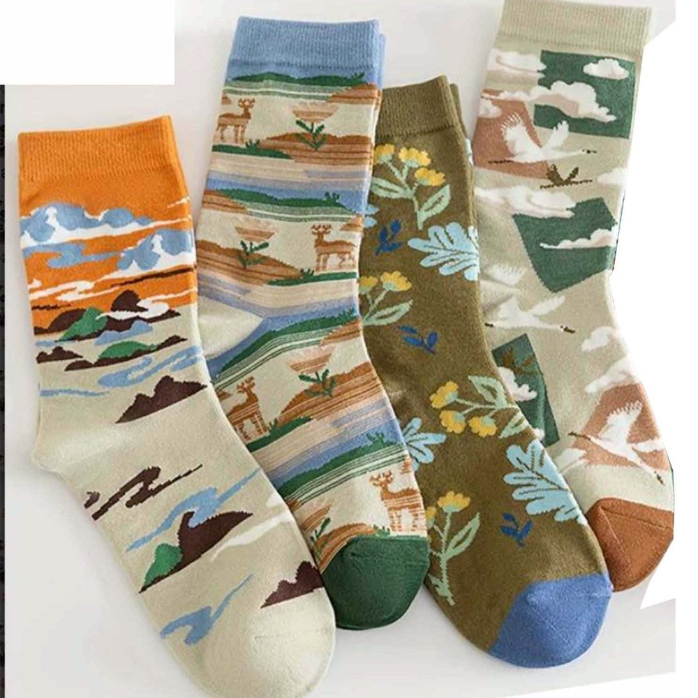 Nature Pattern Cotton Socks 4 Pair Med